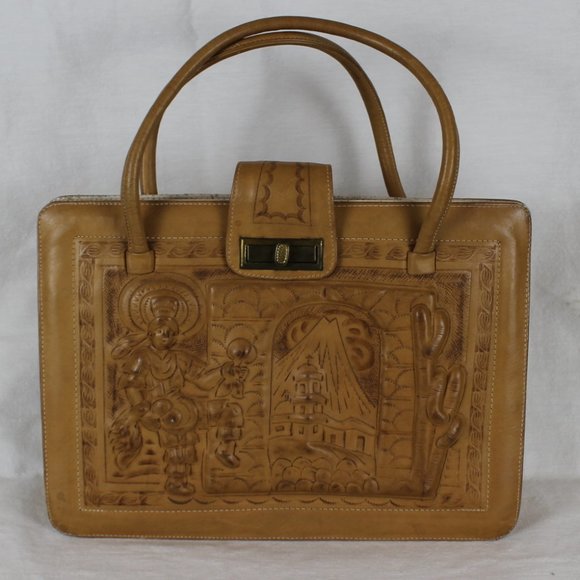 VTG AZTEC MEXICAN LEATHER FIESTA Purse Large Handtooled Tan Leather Shoulder Bag